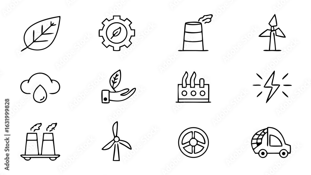 Obraz premium Eco-Friendly Minimalist Icon Set for Clean Technology, Climate Change Transition: Green Future, Toolkit, Essential