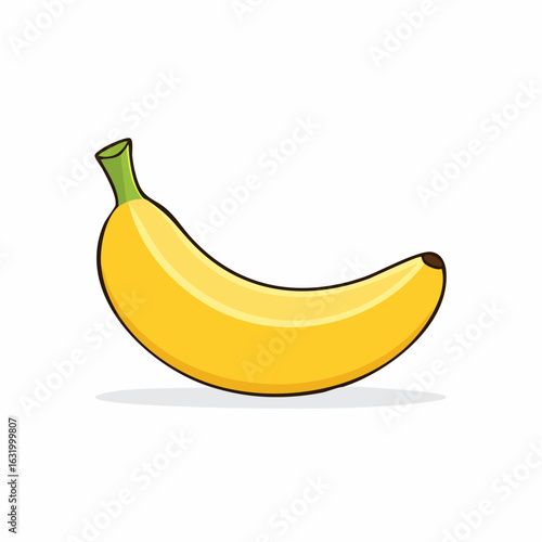 Vibrant single banana illustration featuring bright yellow skin and distinct green stem