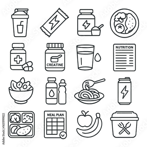 Nutrition and fitness icons: supplement, meal, healthy lifestyle symbols