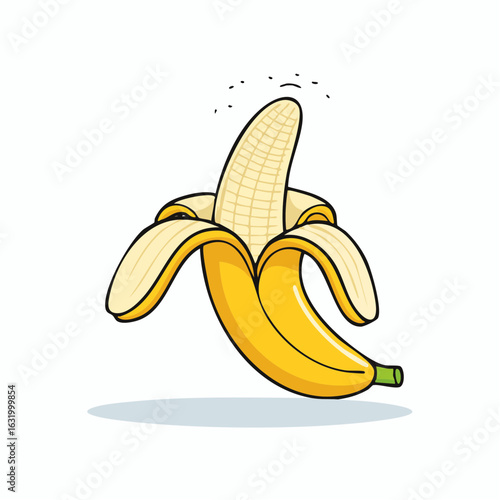 Whimsical banana drawing with peeled skin showcasing fruit's cheerful simplicity