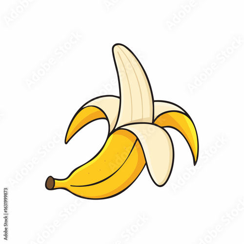 Cartoon style peeled banana with vibrant yellow skin and creamy white flesh illustration