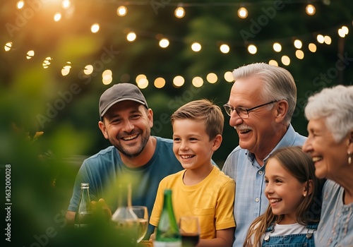 Multi generational family enjoying a warm summer evening outdoors under string lights