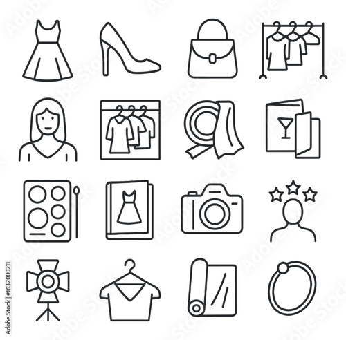 Fashion icons: clothing, accessories, and photography elements in minimalistic line art