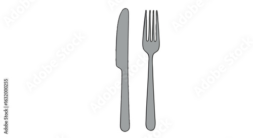 Simple grayscale illustration of a knife and fork, side-by-side, representing dining or mealtime.