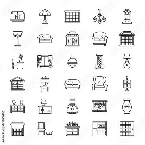 A comprehensive set of minimalist black line art icons depicting various types of household furniture and interior decoration elements.