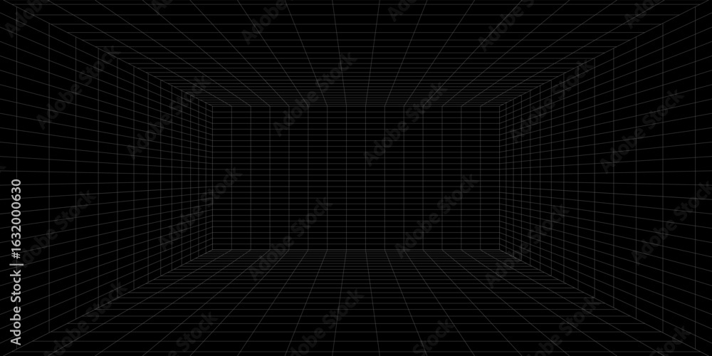 Naklejka premium Futuristic perspective grid box. Abstract wireframe with white grid line on black background. Virtual reality landscape in 80s 90s digital style. Vector illustration.