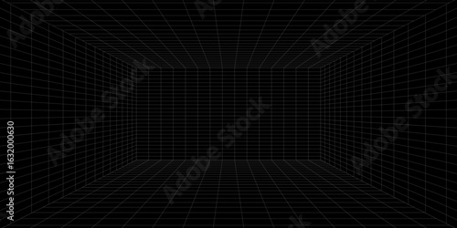 Futuristic perspective grid box. Abstract wireframe with white grid line on black background. Virtual reality landscape in 80s 90s digital style. Vector illustration.