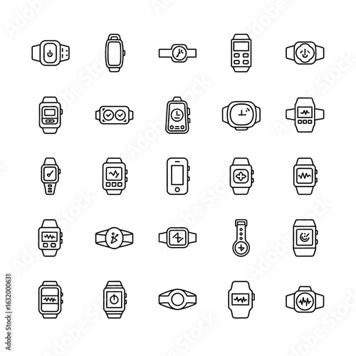 A diverse set of linear icons depicting smartwatches fitness trackers and wearable technology with various health monitoring symbols.