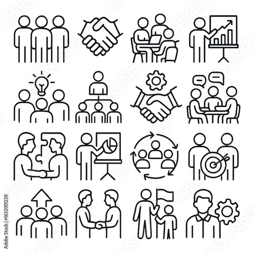 Business and teamwork icon set: collaboration, strategy, leadership, innovation, success