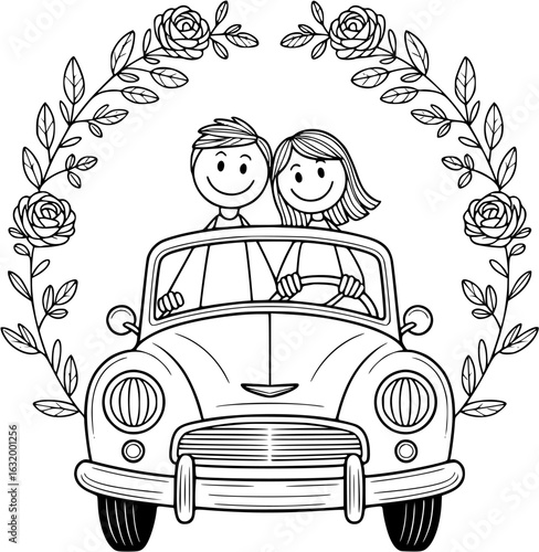 Cute couple driving together: A delightful illustration capturing the joy of love, featuring a charming couple driving in a classic car, surrounded by floral elements.