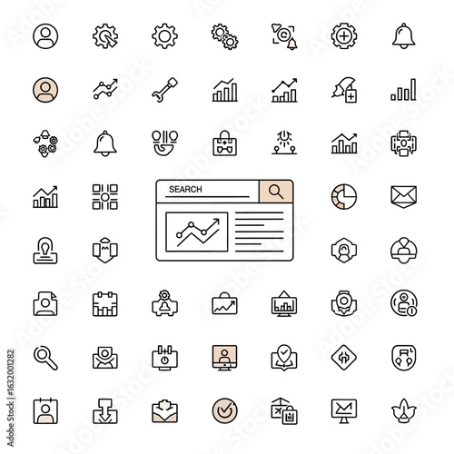 A versatile collection of thin line business and technology icons with subtle beige color accents designed for web and user interface.