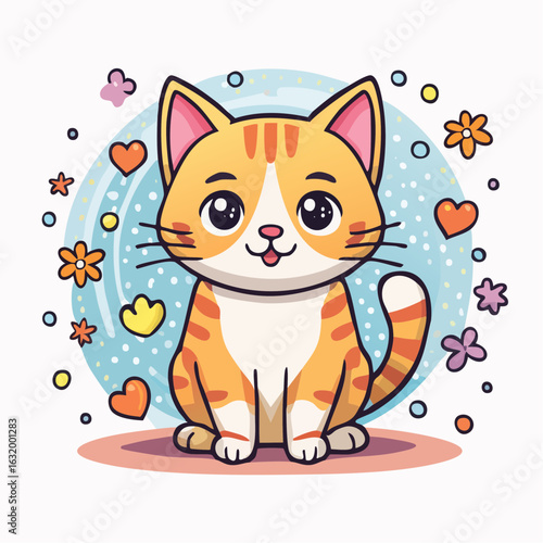Charming orange tabby cat cartoon character surrounded by colorful floral accents
