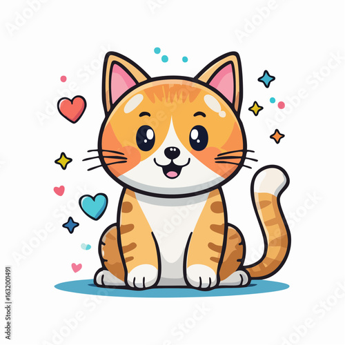 Adorable cartoon cat illustration with heart and star accents against a clean white background
