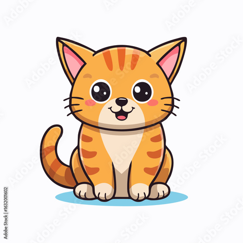 Adorable cartoon orange tabby cat sitting and smiling with cute big eyes illustration