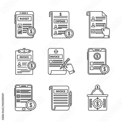 Black and White Financial Icons Depicting Budget Expense and Invoices.
