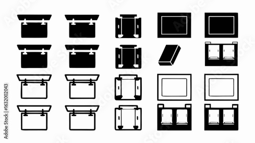 Depiction of various chest and box illustrations showing different perspectives and opening configurations silhouette