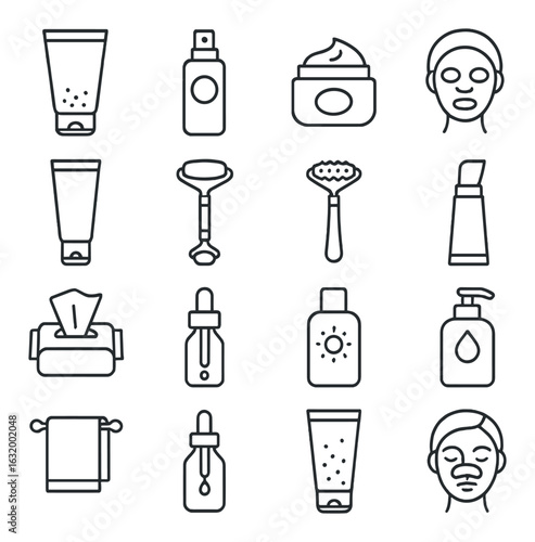 Skincare icons collection: creams, masks, serums, and tools for beauty routines