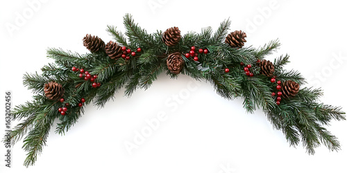 An arched evergreen Christmas garland decorated with pinecones and red berries, isolated on a white background.