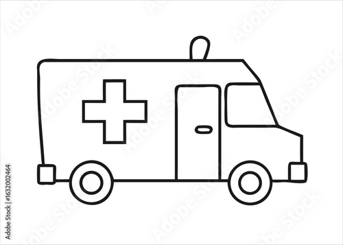 Minimalist continuous line art drawing of an emergency medical service vehicle with simple clean strokes isolated on white background