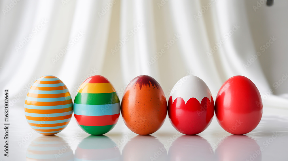 Naklejka premium Five decorative easter eggs in various colors and patterns painted striped