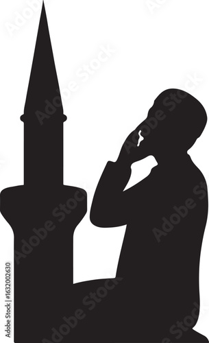 Silhouette of a man praying next to a minaret isolated on white background