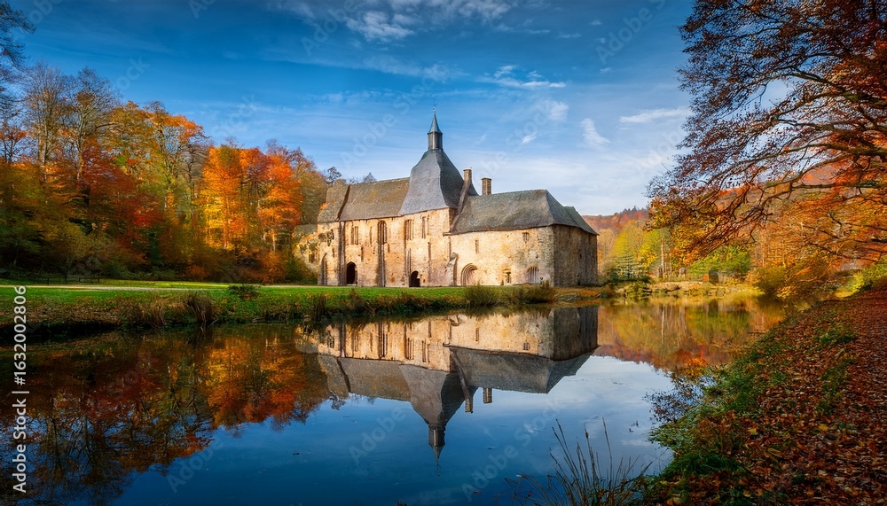 Obraz premium le prieure de l abbaye du rouge cloitre dans un cadre bucolique en automne se refletant dans l etang en pleine foret de soignes a auderghem