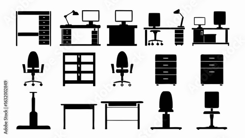 Illustration of office furniture including desks chairs filing cabinets and computer setups in black silhouette