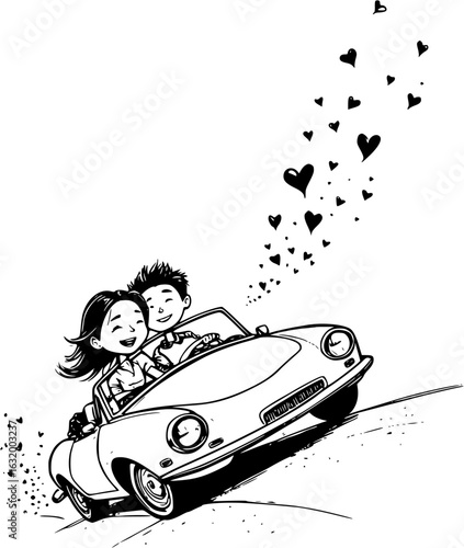 Love on the Open Road: An illustrated couple cruises in a classic convertible, hearts trailing in the air, embodying freedom and affection.