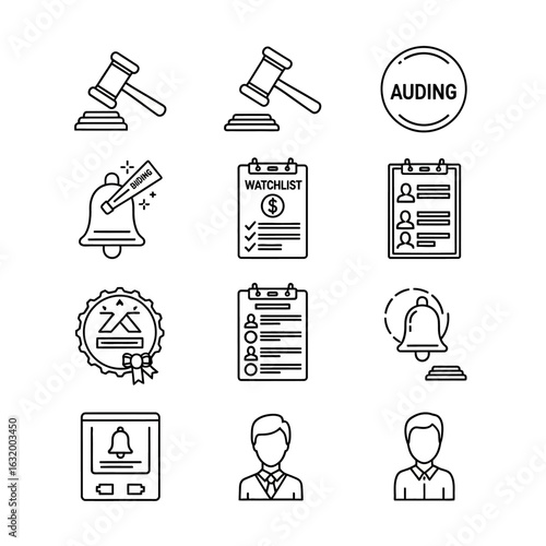 Collection of Auction and Business Icons Gavel Bell Watchlist and People.