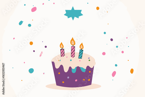 Colorful birthday cake with balloons and confetti