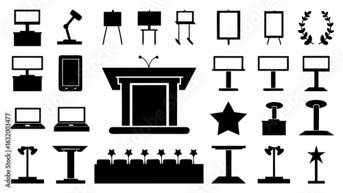 Illustration of various podiums, tables, screens, laptops and decorative elements in black silhouette