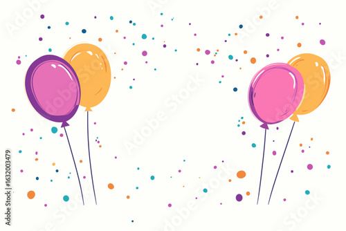 Colorful birthday cake with balloons and confetti