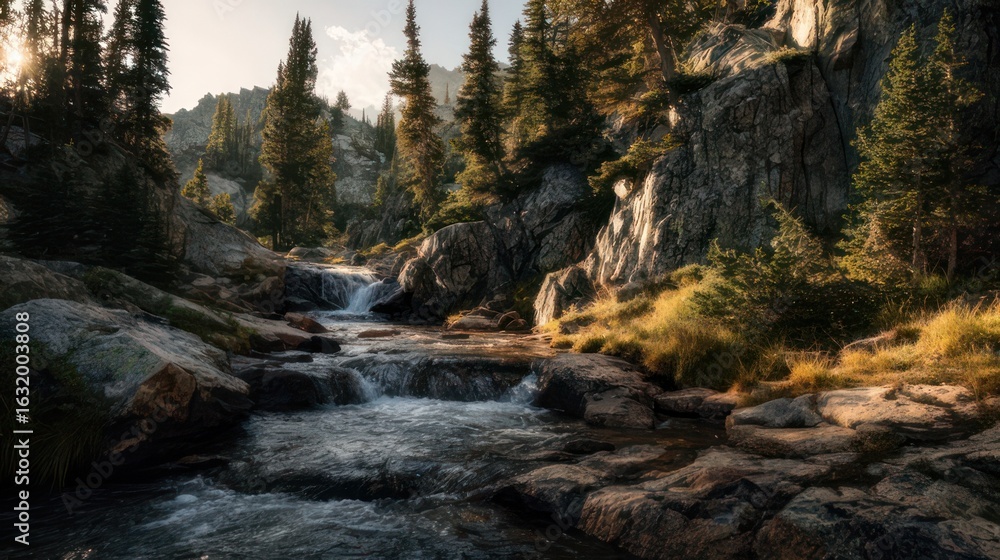 Obraz premium A mountain stream flows through a rocky landscape illuminated by sunlight