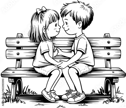 Couple's Embrace on a Park Bench: A black-and-white illustration of a couple intimately seated on a park bench, their hands clasped and eyes locked in tender connection.