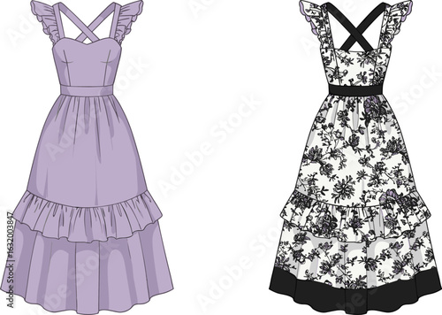 Elegant women’s summer dresses with ruffled layers and cross-back straps, floral print and solid color options, casual yet stylish midi dresses for everyday wear