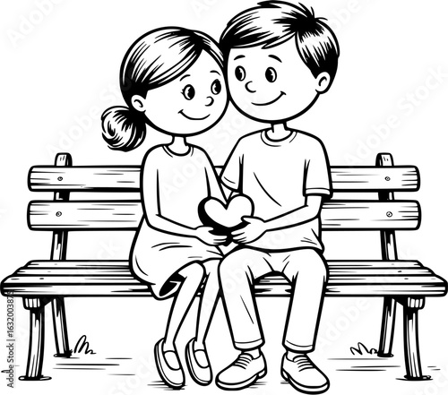 Love's Quiet Moment: A tender couple finds solace and shared connection as they sit together on a bench, united by the symbol of love.