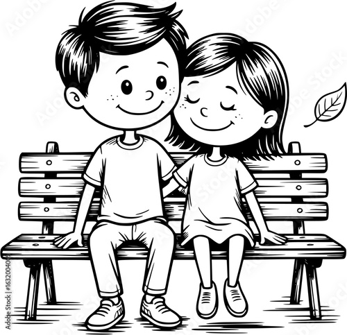 Couple Sitting on Bench: Capturing an endearing moment between two, they share an intimate space on a wooden bench, against the backdrop of a gentle breeze.