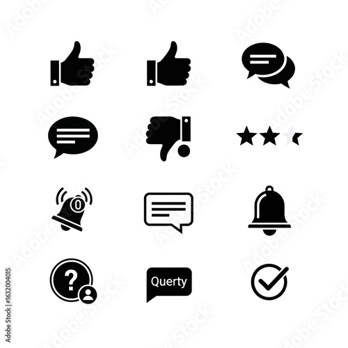 Collection of black solid glyph icons for social media feedback and user interface design including like dislike comment and notification symbols.