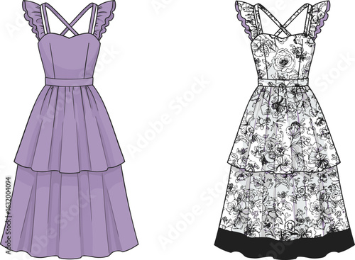 Elegant women’s summer dresses with ruffled layers and cross-back straps, floral print and solid color options, casual yet stylish midi dresses for everyday wear
