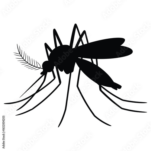Black silhouette of a mosquito with delicate antennae and wings insect