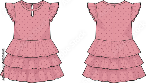 Girls pink polka dot dress with ruffle sleeves, tiered skirt design, cute party outfit, children fashion, playful and trendy clothing