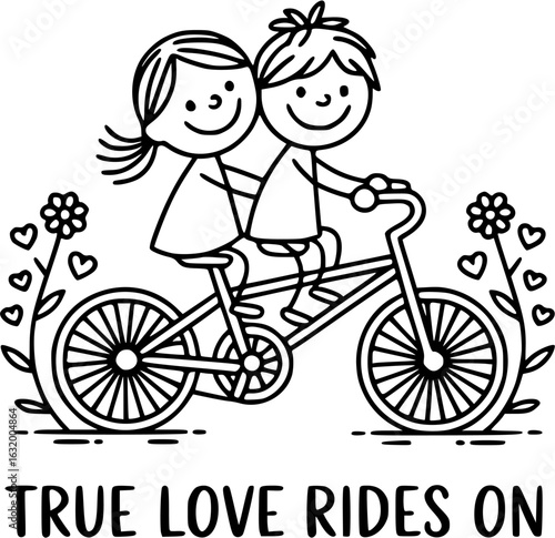 Joyful Ride: An illustration captures the essence of love and togetherness as a couple embarks on a bicycle ride, accompanied by delicate floral and heart details, perfect for expressing affection.