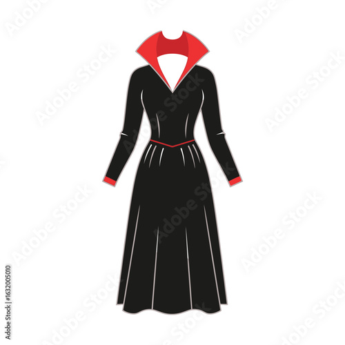 Black dress with red collar and cuffs on a black background.