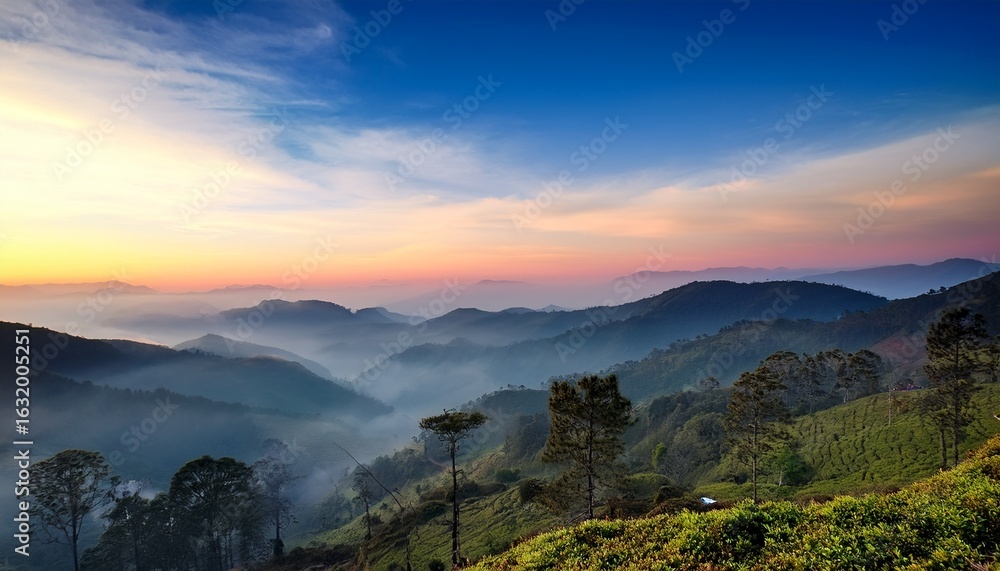Serene lake surrounded by green hills