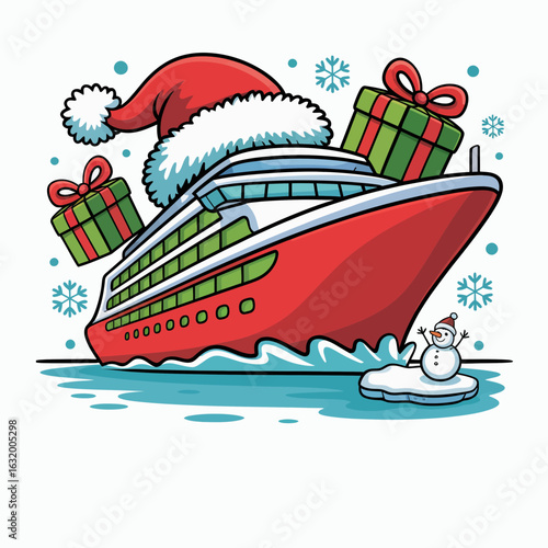 A cruise ship decorated for the holiday season sails through the ocean, adorned with colorful lights and a giant Santa hat.
