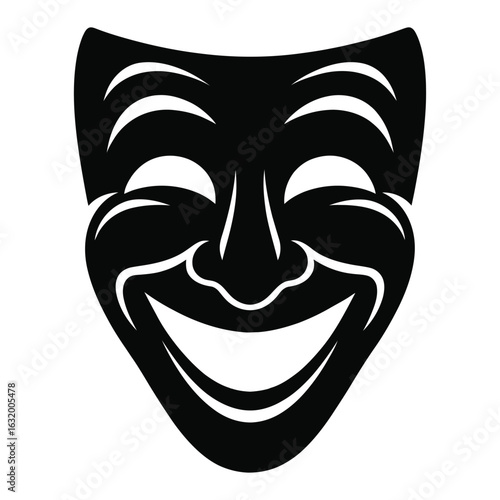 Black theatrical mask with happy expression and white accents comedy tragedy