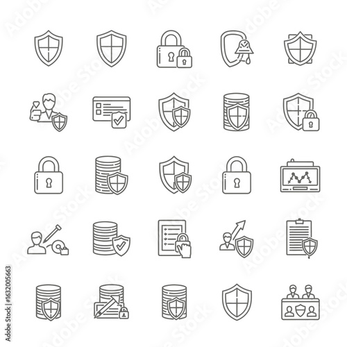 Collection of grey line art icons for data security and privacy featuring minimalist shields locks and documents.