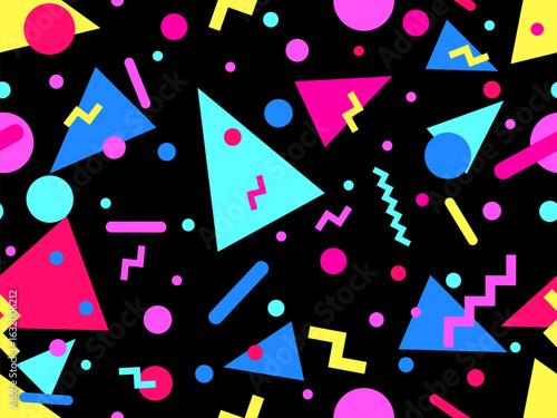 Geometric seamless pattern with memphis elements in 80s style. Colorful pattern with different geometric shapes. Design for packaging, covers, wrapping and promotional products. Vector illustration