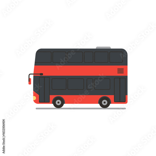 A red and gray double decker bus illustration on a black background.