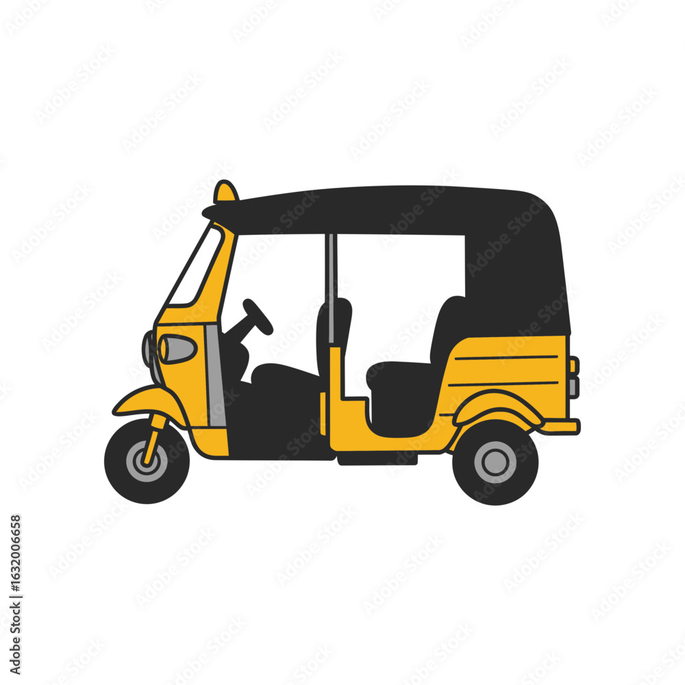 Fototapeta premium Yellow auto rickshaw vehicle with black roof isolated on a black background.